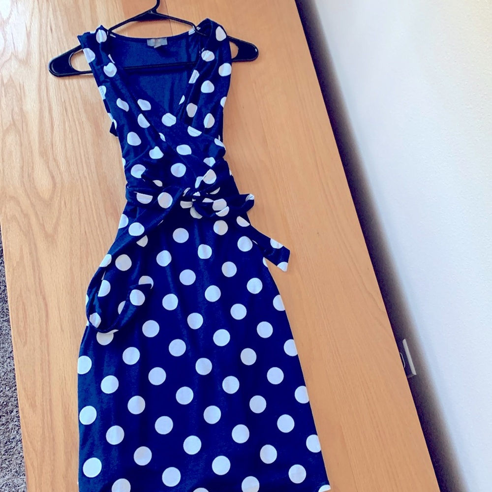 Navy and white polka dot dress